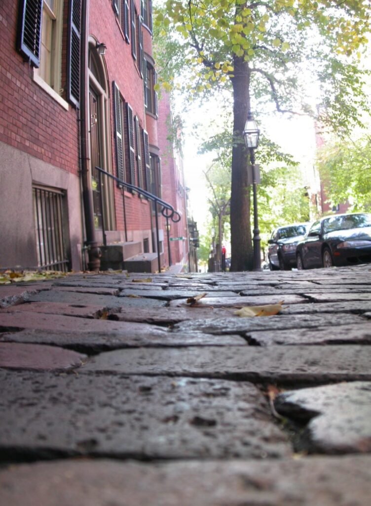 pano shot from the ground cobbled street boston