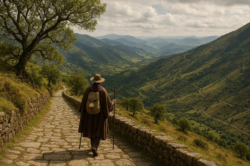 person hiking a long trail summer